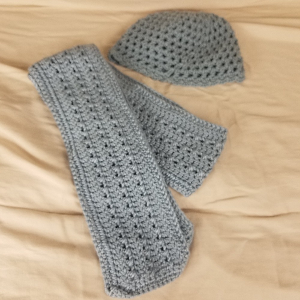 Handmade Crochet Beanie Scarf Set Kids OS Blue Grey New Open Weave Knit acrylic